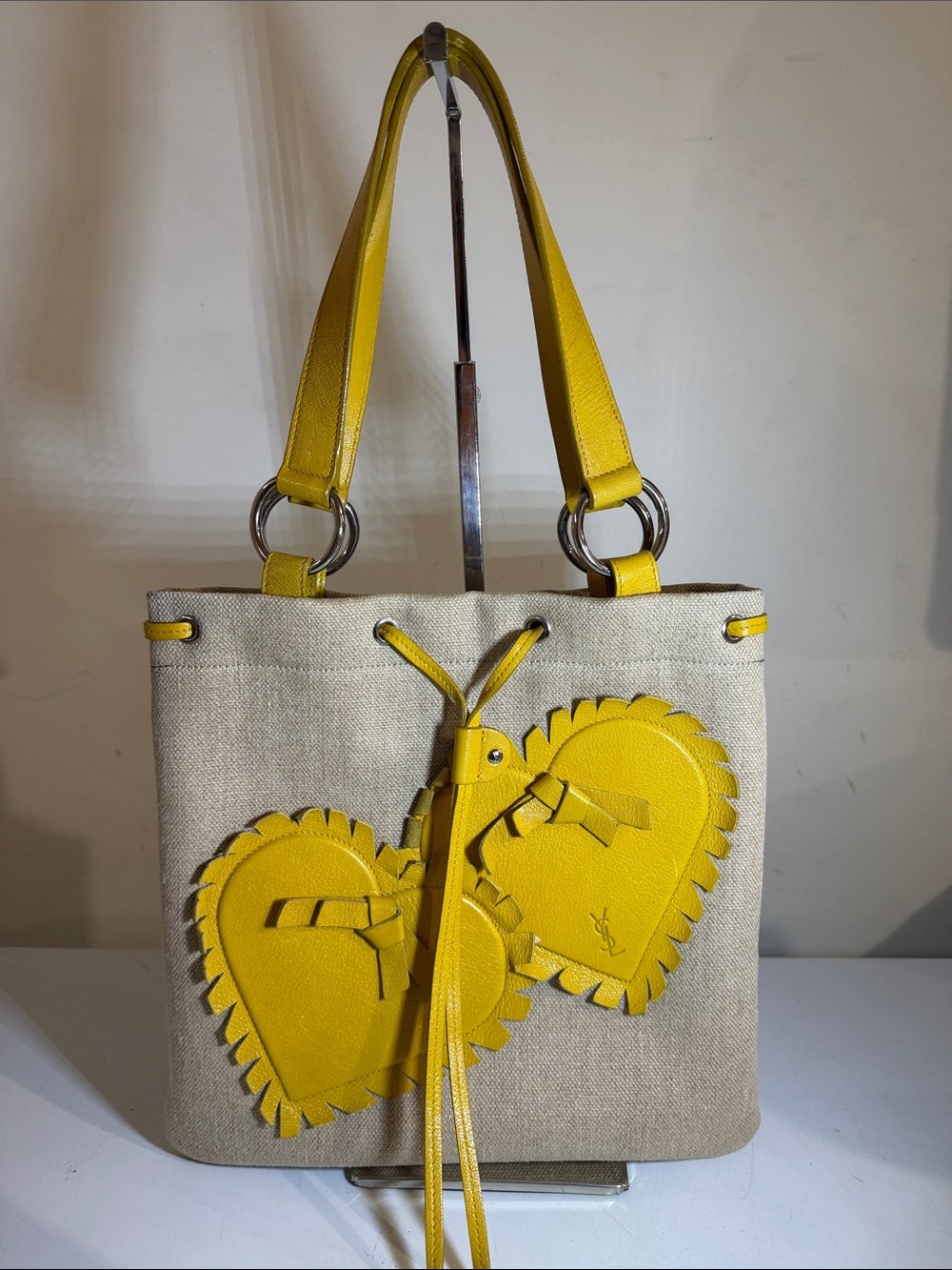 Yves Saint Laurent Beige Canvas Shoulder Bag with Yellow Heart Appliqués